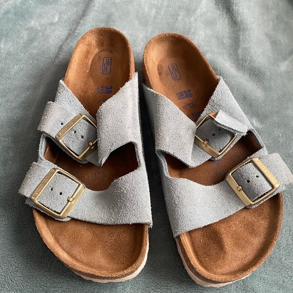 Birkenstock suede leather light blue Arizona soft footbed.